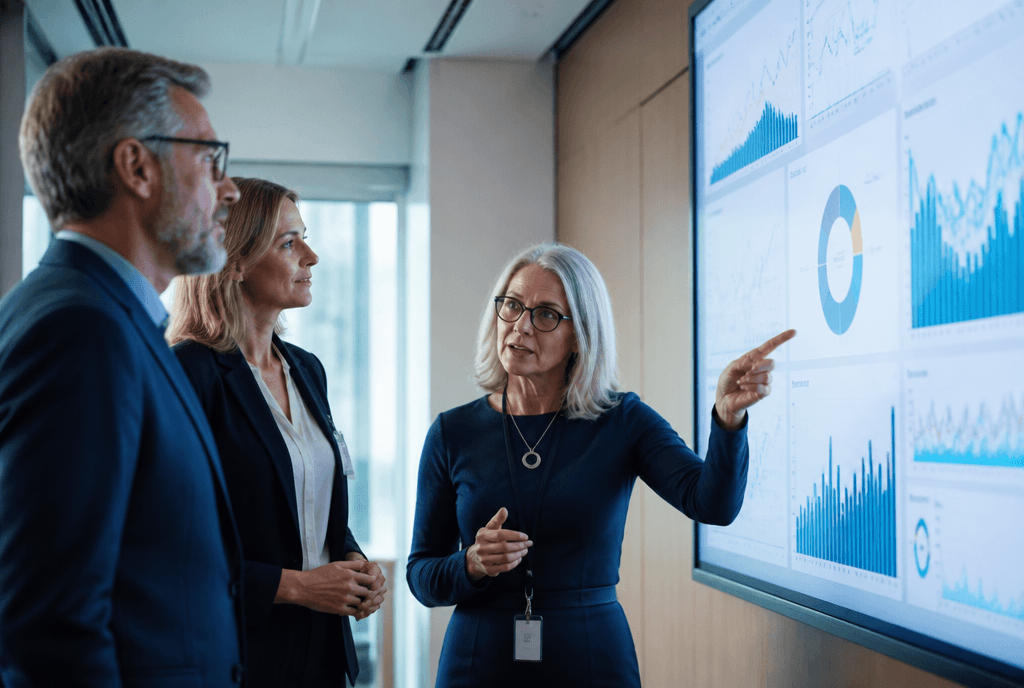 Healthcare analyst presenting predictive insights to executives