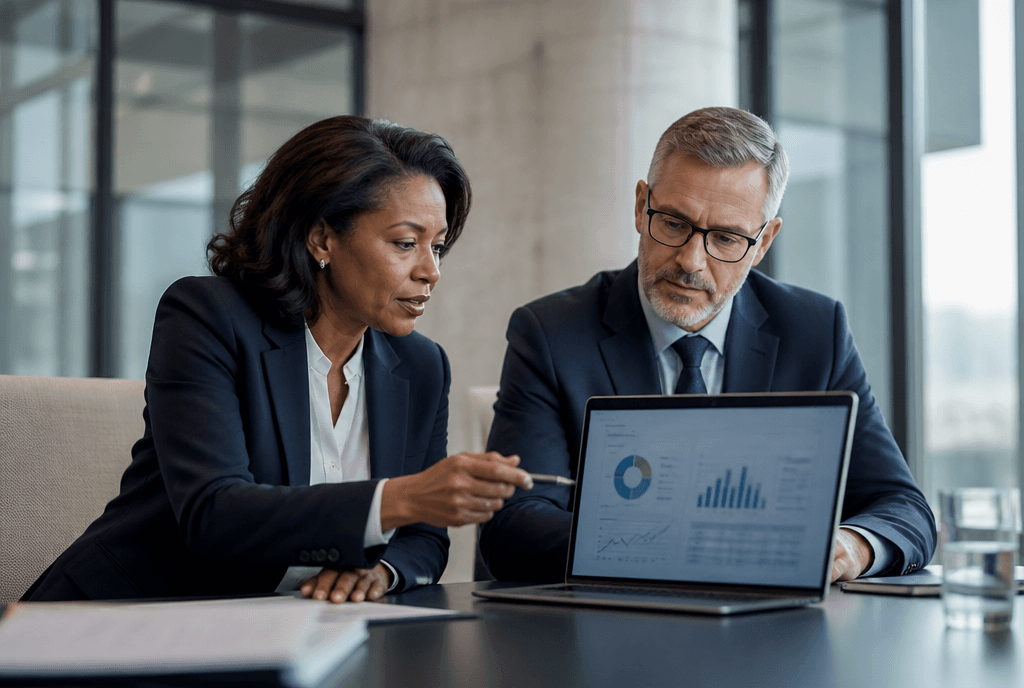 Healthcare leaders reviewing a performance dashboard